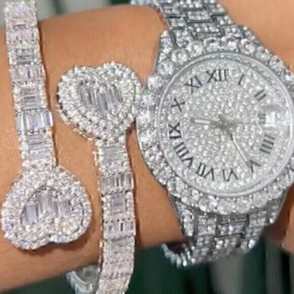 Iced Out Bling Opened Heart Zircon Charm  Silver Rhinestone Bracelet - Picture 1 of 10